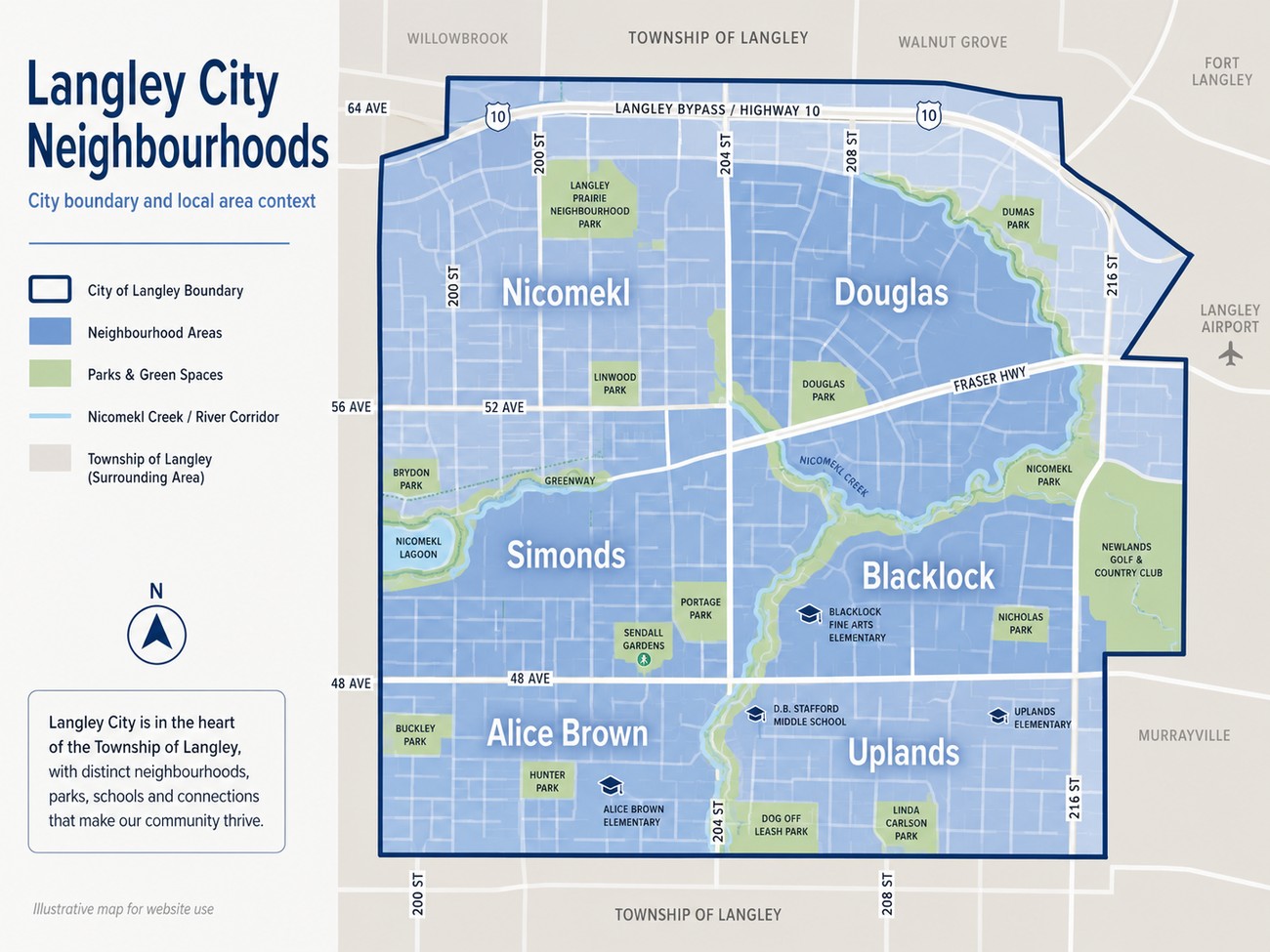 Illustrated map showing Langley City neighbourhoods and surrounding Township of Langley context